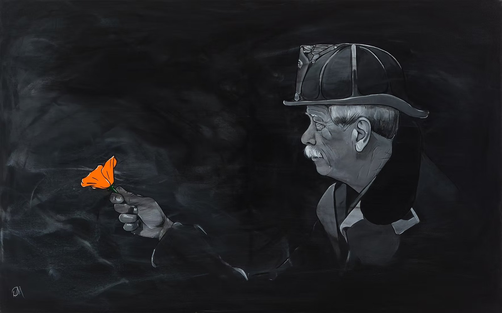 The Ascension of Hope II label by Danasabe Mohammad — a firefighter in a black helmet holding out a single orange California poppy.