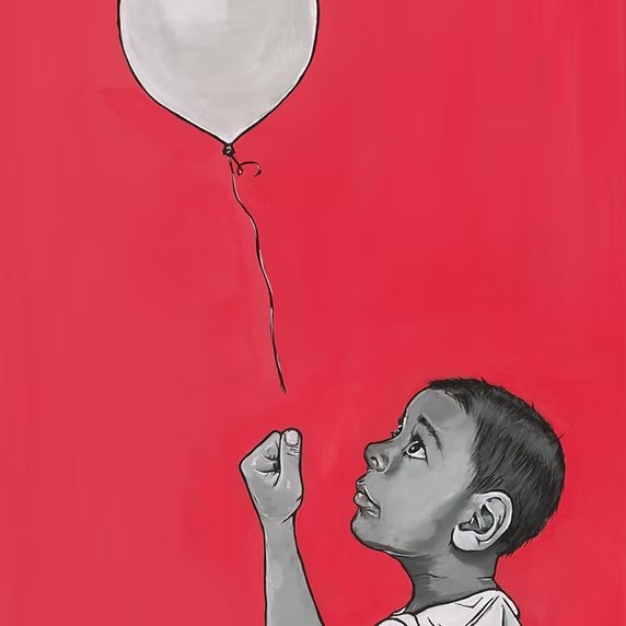 The red label artwork — a boy in grey reaching up toward a white balloon against a red field.