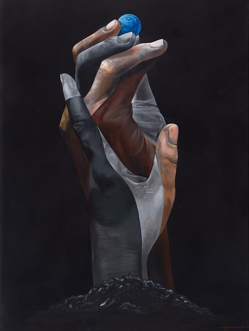 The Ghost of Autumn label painting by Ty Christian — three hands of different skin tones woven together, rising from dark earth to hold a blue marble.
